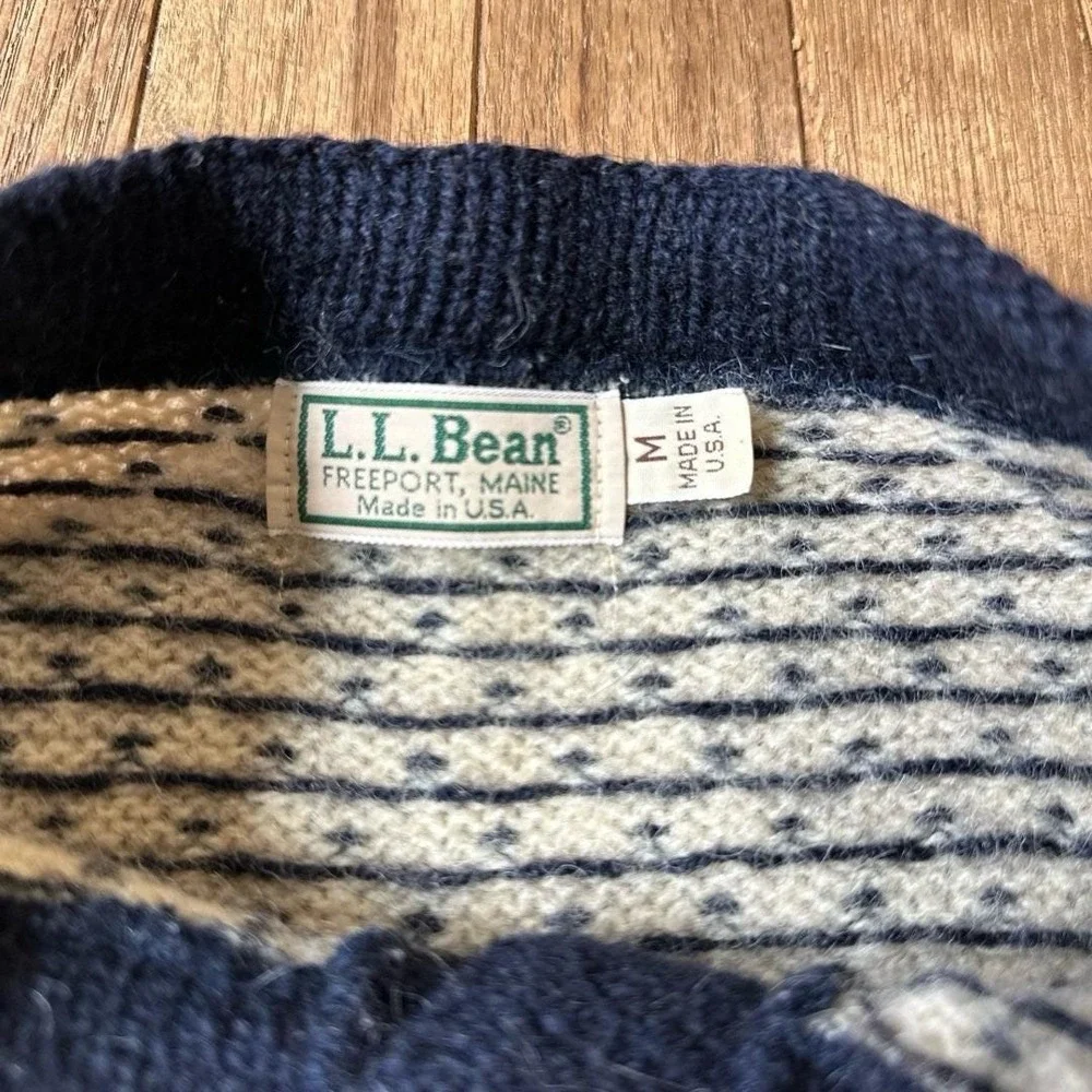 LL Bean Vintage Nordic Fair Isle Wool Sweater M Cream Multi Knit Button Front - Picture 3 of 10
